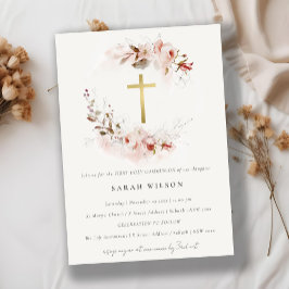 Convite Dusky Fall Marsala Floral Primeira Comunhão Santa