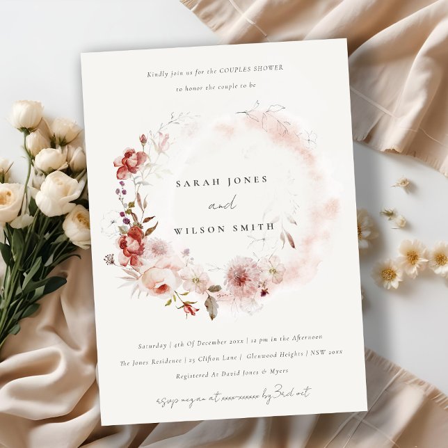 Convite Dusky Fall Marsala Floral Wreath Casal Chá (Criador carregado)