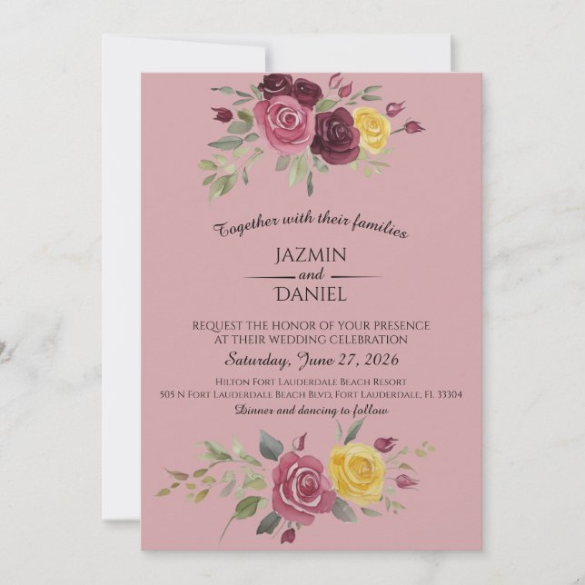 Convite Dusky Pastel Watercolor Roses Maroon Invitation (Frente)