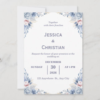Convite Dust Blue Floral Wedding Invitation 