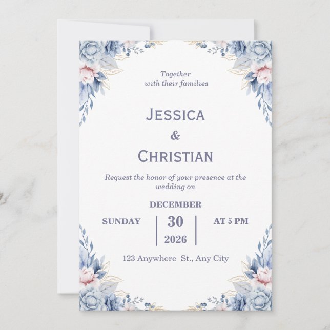 Convite Dust Blue Floral Wedding Invitation  (Frente)
