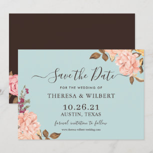Convite Dusty Aqua Blue Blush Floral Casamento Salve a Dat