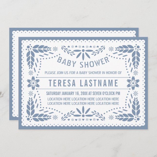 Convite Dusty azul papel picado chá bebê mexicano (Frente/Verso)