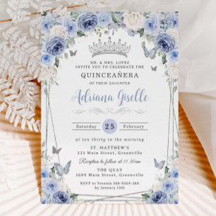 Convite Dusty Baby Blue Silver Floral Branco Quinceañera 1