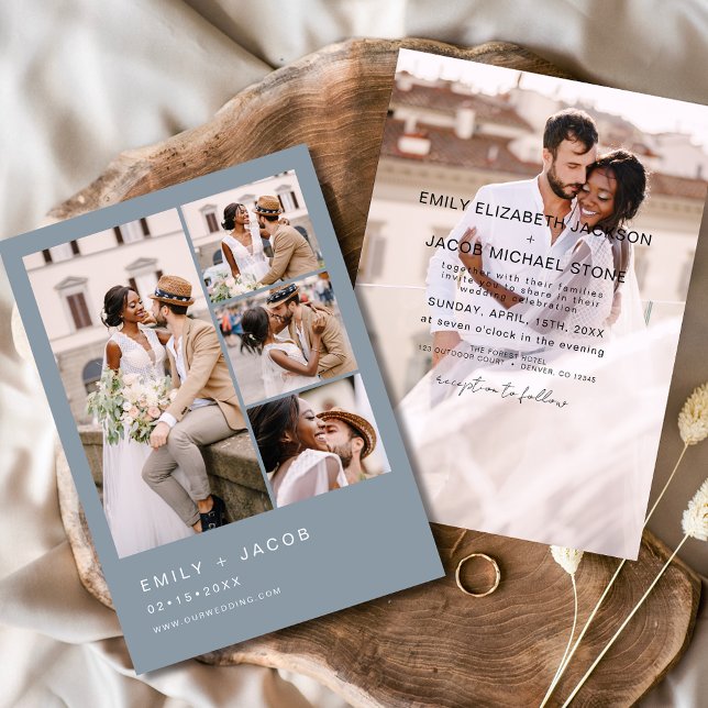 Convite Dusty Blue 5 Foto Moderna Casamento Elegante (Criador carregado)