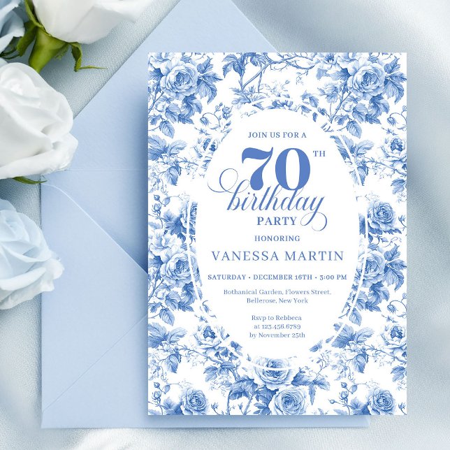 Convite Dusty Blue 70th Birthday Floral Invitation Card (Dusty Blue 70th Birthday Floral Invitation Card)