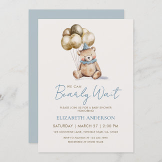 Convite Dusty Blue and Gold Bearly Wait Bear Baby Shower