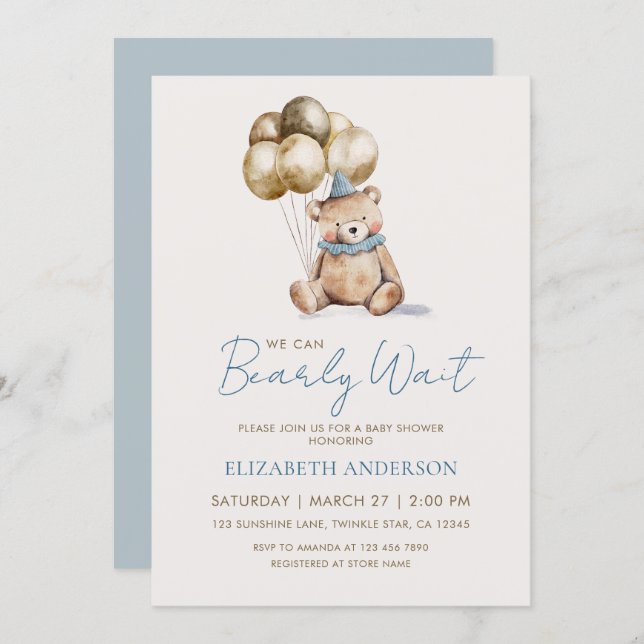 Convite Dusty Blue and Gold Bearly Wait Bear Baby Shower (Frente/Verso)