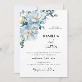 Convite Dusty Blue and Gold Elegant Floral Rustic Wedding 