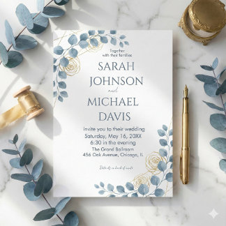Convite Dusty Blue and Gold Floral wedding