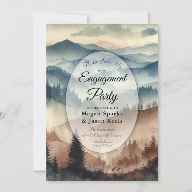 Convite Dusty Blue and Mocha Brown Mountains Engagement (Frente)