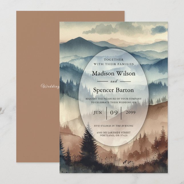 Convite Dusty Blue and Mocha Brown Mountains Wedding (Frente/Verso)