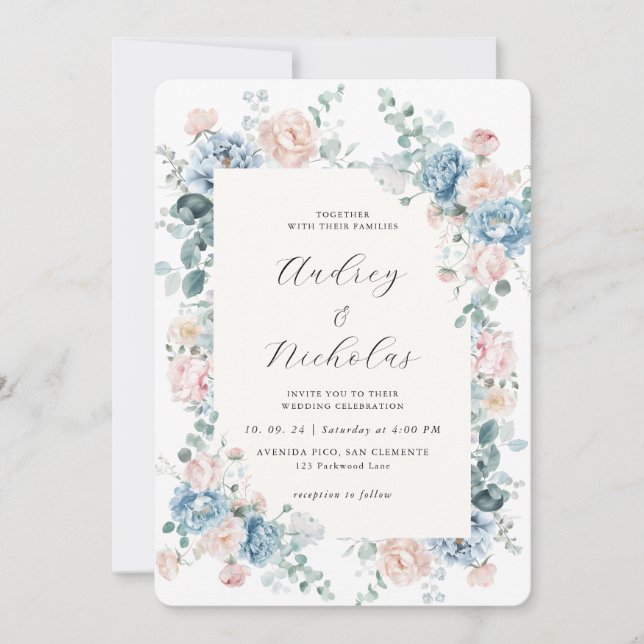 Convite Dusty Blue and Peach Elegant Floral Wedding (Frente)