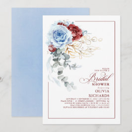 Convite Dusty Blue and Red Floral Botanic Bridal Shower