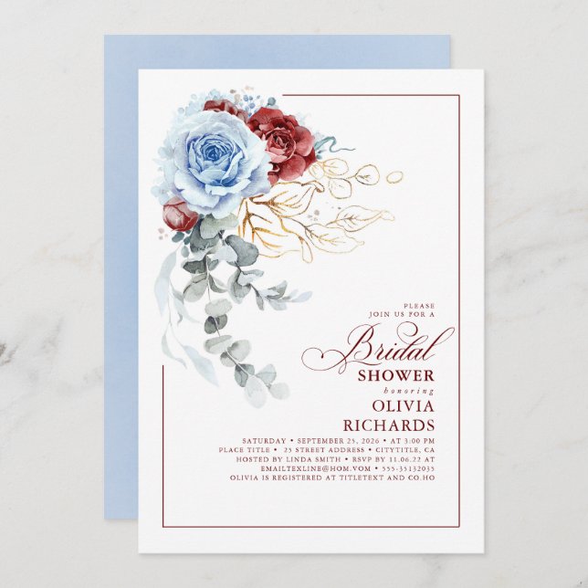Convite Dusty Blue and Red Floral Botanic Bridal Shower (Frente/Verso)