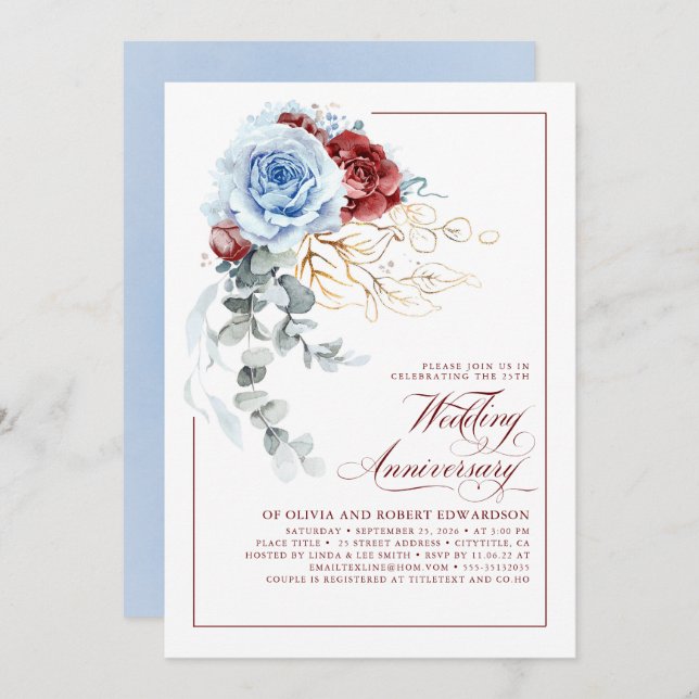 Convite Dusty Blue and Red Floral Wedding Anniversary (Frente/Verso)