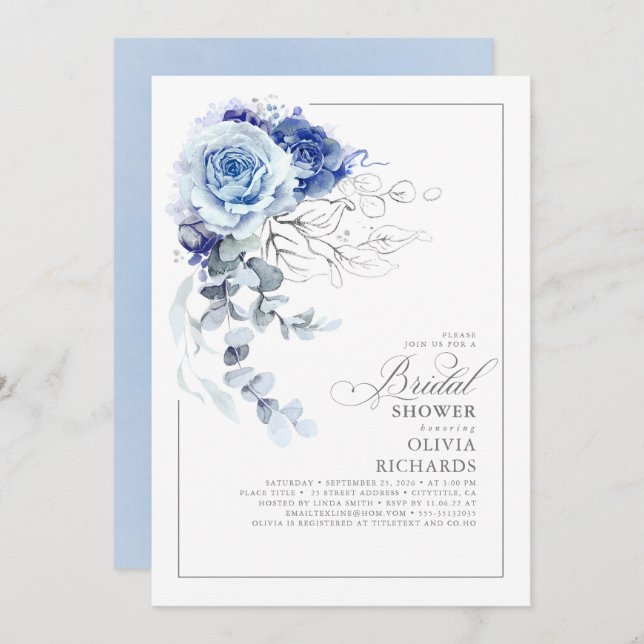 Convite Dusty Blue and Silver Floral Botanic Bridal Shower (Frente/Verso)