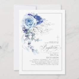 Convite Dusty Blue and Silver Floral Elegant Baptism