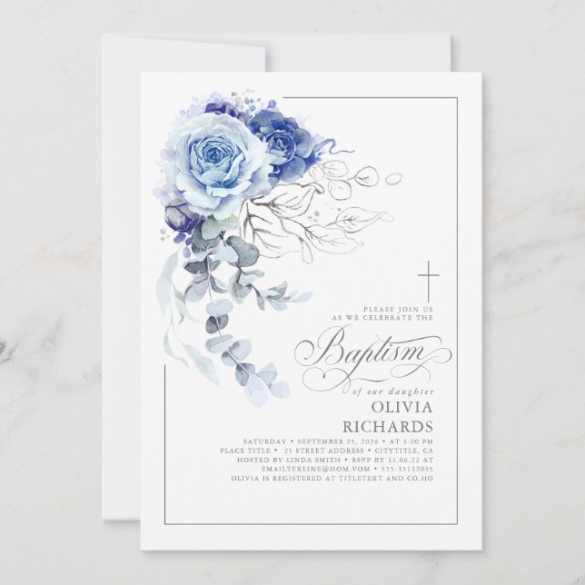 Convite Dusty Blue and Silver Floral Elegant Baptism (Frente)