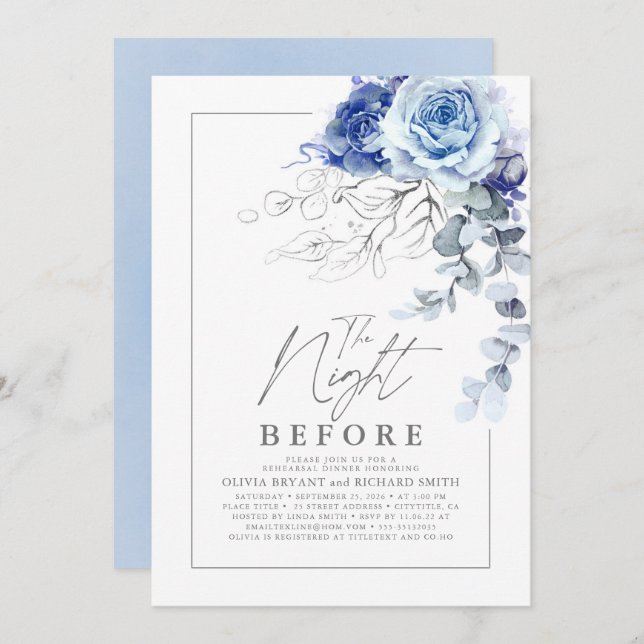 Convite Dusty Blue and Silver Floral Rehearsal Dinner (Frente/Verso)