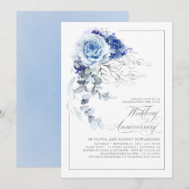 Convite Dusty Blue and Silver Floral Wedding Anniversary