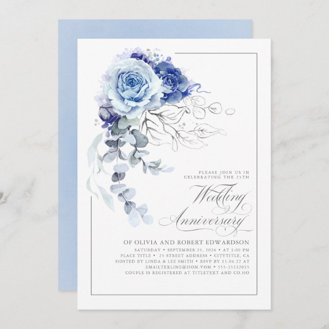 Convite Dusty Blue and Silver Floral Wedding Anniversary (Frente/Verso)