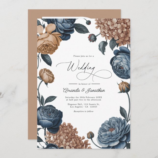 Convite Dusty Blue and Taupe Watercolor Floral Wedding (Frente/Verso)