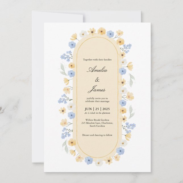 Convite Dusty Blue and Yellow Wildflower Garden Wedding (Frente)