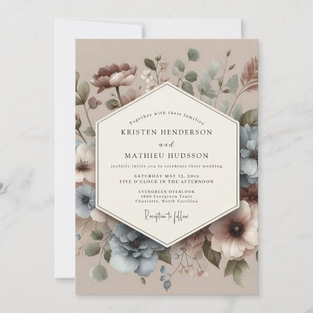 Convite Dusty Blue Antique Floral Wedding (Frente)