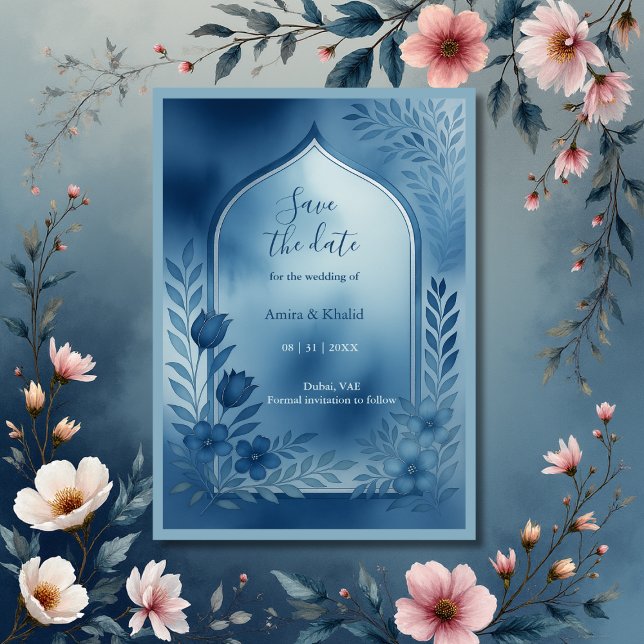 Convite Dusty Blue Arch floral Casamento Salve a data (Criador carregado)