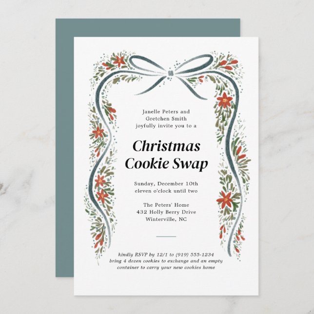 Convite Dusty Blue Arco e Poinsettias Férias de Natal (Frente/Verso)