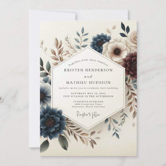 Convite Dusty Blue Autumn Blossom Wedding (Frente)