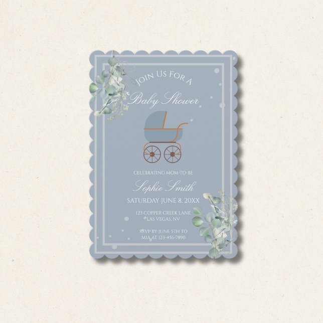 Convite Dusty Blue Baby Carriage Baby Shower Scalloped (Criador carregado)