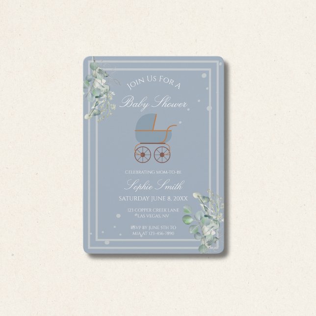 Convite Dusty Blue Baby Carriage Eucalyptus Baby Shower (Criador carregado)