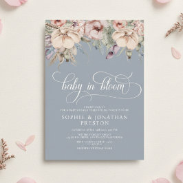 Convite Dusty Blue Baby In Bloom QR Floral Baby Shower