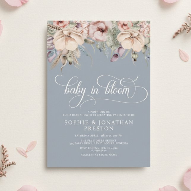 Convite Dusty Blue Baby In Bloom QR Floral Baby Shower (Criador carregado)