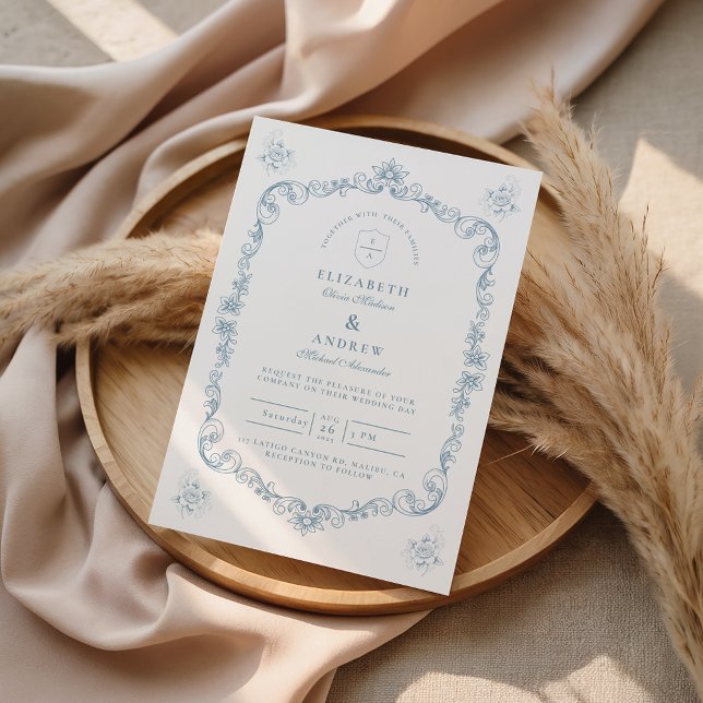 Convite Dusty Blue Baroque Line Art Wedding (Criador carregado)