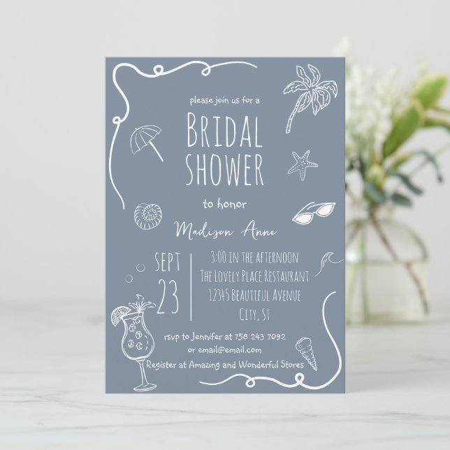 Convite Dusty Blue Beach Doodles Bridal Shower (Em pé/Frente)
