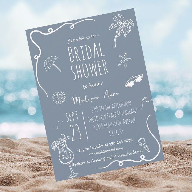 Convite Dusty Blue Beach Doodles Bridal Shower (Criador carregado)