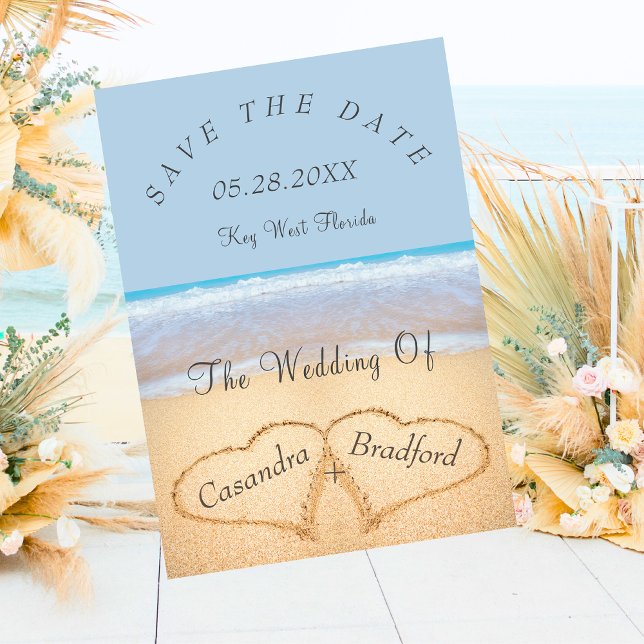Convite Dusty Blue Beach Wedding 2 Hearts in the Sand (Criador carregado)