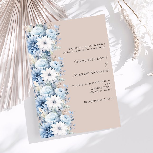 Convite Dusty blue beige florals elegante casamento (Criador carregado)