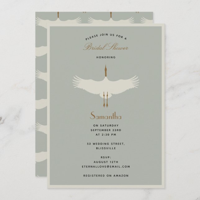 Convite Dusty Blue Birds Swans Art Deco Chá de panela (Frente/Verso)