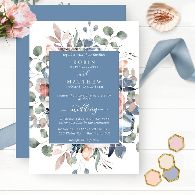 Convite Dusty Blue Blissful Floral e Greenery Casamento (Criador carregado)