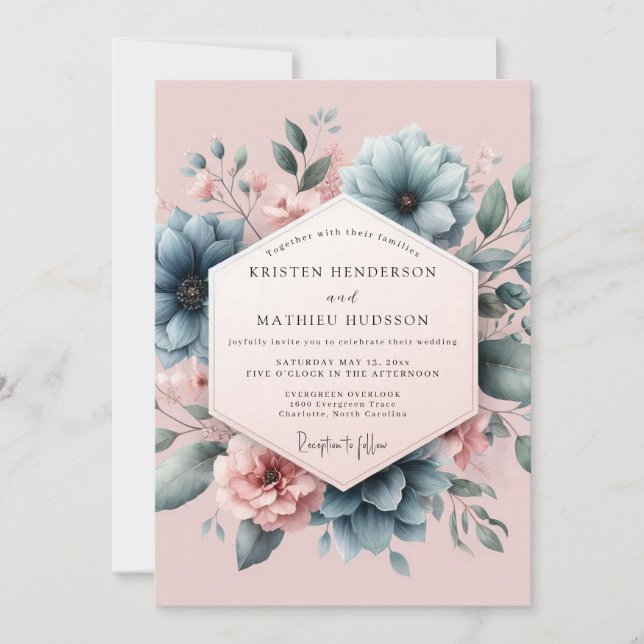 Convite Dusty Blue Blush Blossom Wedding (Frente)