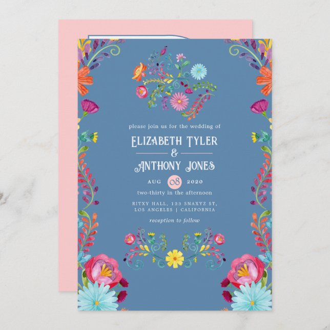 Convite Dusty Blue & Blush Floral Mexican Fiesta Wedding (Frente/Verso)