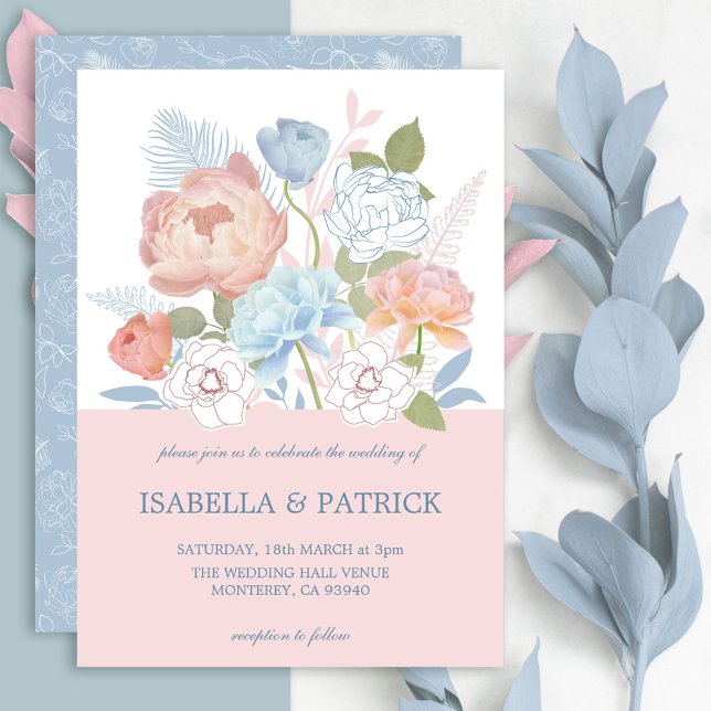 Convite Dusty Blue Blush Rosa Rosa Rosa Rosa Rosa e Pêony  (Dusty Blue Blush Pink Rose & Peony Floral Wedding Invitation)