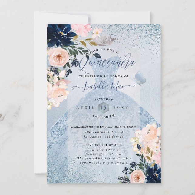 Convite Dusty Blue+Blush Rosas Glitter Quinceanera (Verso)