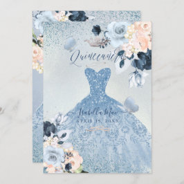 Convite Dusty Blue+Blush Rosas Glitter Quinceanera