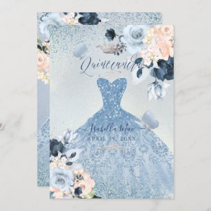Convite Dusty Blue+Blush Rosas Glitter Quinceanera