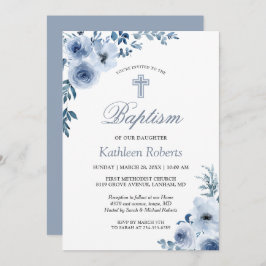 Convite Dusty Blue Bohemian Floral Baptism Christening